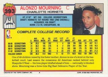 1992-93 Topps #393 Alonzo Mourning Back
