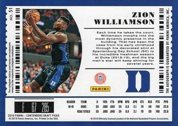 2019 Panini Contenders Draft Picks - Draft Ticket #51 Zion Williamson Back
