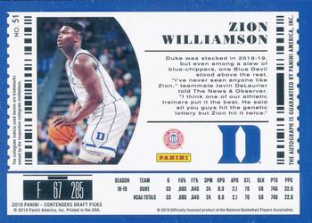 2019 Panini Contenders Draft Picks - Fame #51 Zion Williamson Back