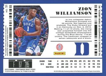 2019 Panini Contenders Draft Picks - Fame #51 Zion Williamson Back