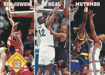 1993-94 Hoops #290 Blocks (Hakeem Olajuwon / Shaquille O'Neal / Dikembe Mutombo) Front