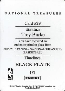 2016-17 Panini National Treasures - 2015-16 National Treasures Timelines Printing Plates Black #29 Trey Burke Back