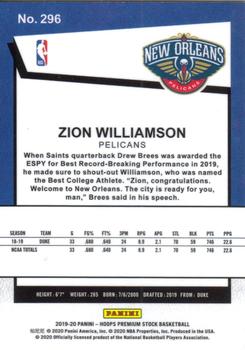 2019-20 Hoops Premium Stock #296 Zion Williamson Back