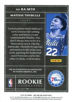 2019-20 Panini One and One - Rookie Autographs Purple #RA-MTH Matisse Thybulle Back