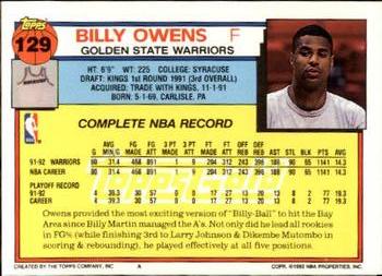 1992-93 Topps - Gold #129 Billy Owens Back