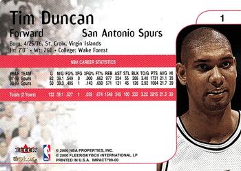 1999-00 SkyBox Impact #1 Tim Duncan Back