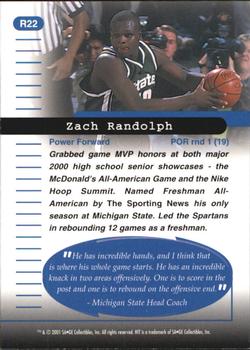 2001 SAGE HIT - Rarefied Silver #R22 Zach Randolph Back