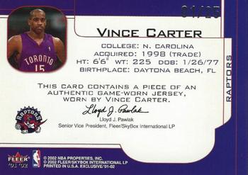 2001-02 Fleer Exclusive - Game Exclusives Patches #NNO Vince Carter Back