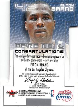 2001-02 Fleer Marquee - We're Number One Memorabilia #NNO Elton Brand Back