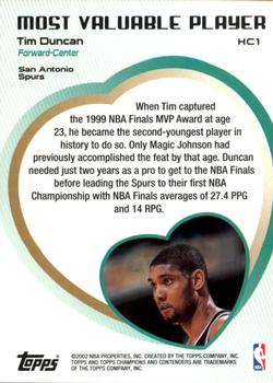 2001-02 Topps TCC - Heart of a Champion #HC1 Tim Duncan Back