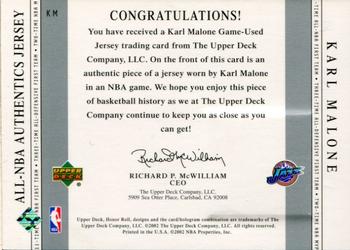 2001-02 Upper Deck Honor Roll - All-NBA Authentic Jerseys #KM Karl Malone Back