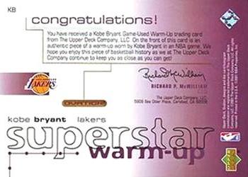 2001-02 Upper Deck Ovation - Superstar Warm-Ups #KB Kobe Bryant Back