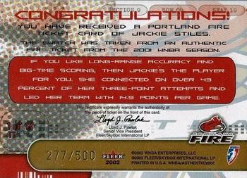 2002 Fleer Authentix WNBA - The Ticket #1TT Jackie Stiles Back