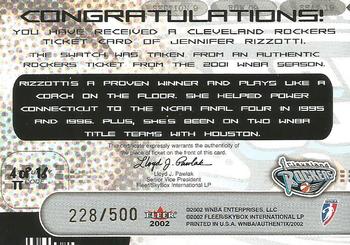 2002 Fleer Authentix WNBA - The Ticket #4TT Jennifer Rizzotti Back