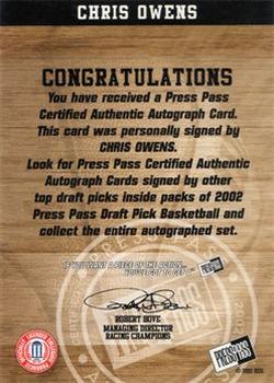 2002 Press Pass - Autographs #NNO Chris Owens Back