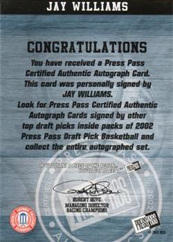 2002 Press Pass - Autographs #NNO Jay Williams Back