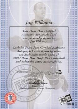 2002 Press Pass - Power Pick Autographs #NNO Jay Williams Back