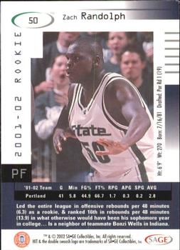 2002 SAGE HIT - 5th Anniversary #50 Zach Randolph Back