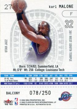 2002-03 Fleer Authentix - Balcony #27 Karl Malone Back