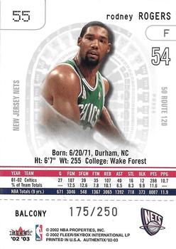 2002-03 Fleer Authentix - Balcony #55 Rodney Rogers Back