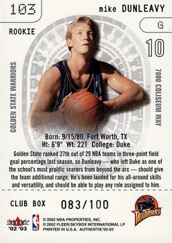 2002-03 Fleer Authentix - Club Box #103 Mike Dunleavy Back
