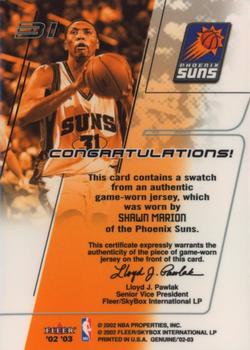 2002-03 Fleer Genuine - Names of the Game Jerseys #NNO Shawn Marion Back