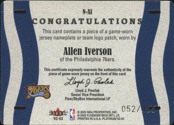 2002-03 Fleer Platinum - Nameplates #N-AI Allen Iverson Back