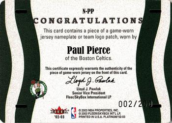 2002-03 Fleer Platinum - Nameplates #N-PP Paul Pierce Back