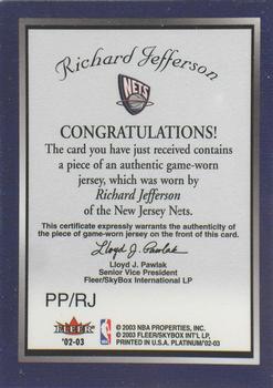 2002-03 Fleer Platinum - Platinum Portraits Game Worn Jerseys #PP/RJ Richard Jefferson Back