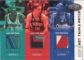 2002-03 Hoops Hot Prospects - Hot Triple Patch #TP-DGO Baron Davis / Pau Gasol / Lamar Odom Front