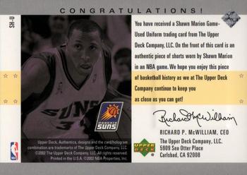 2002-03 UD Authentics - Uniform Greatness #SH-U Shawn Marion Back