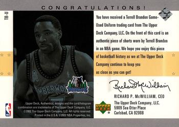 2002-03 UD Authentics - Uniform Greatness #TB-U Terrell Brandon Back