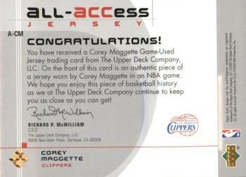 2002-03 Upper Deck - All-Access Jerseys #A-CM Corey Maggette Back