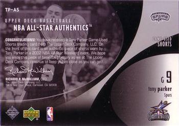 2002-03 Upper Deck - NBA All-Star Authentics: Shorts #TP-AS Tony Parker Back