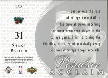 2002-03 Upper Deck Honor Roll - Popular Acclaim #PA3 Shane Battier Back