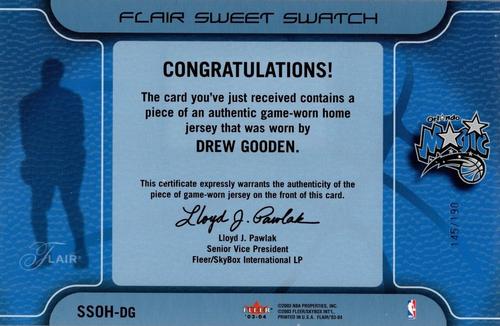 2003-04 Flair - Sweet Swatch Jumbos Home #SSOH-DG Drew Gooden Back