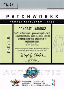 2003-04 Fleer Patchworks - Jerseys Dual Color #PW-AK Andrei Kirilenko Back