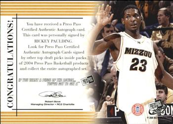 2004 Press Pass - Autographs #NNO Rickey Paulding Back