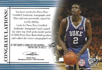 2004 Press Pass - Autographs Silver #9 Luol Deng Back