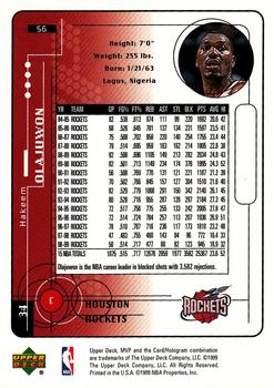 1999-00 Upper Deck MVP #56 Hakeem Olajuwon Back