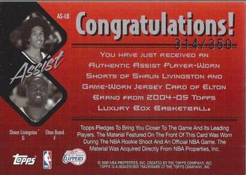 2004-05 Topps Luxury Box - Assist Dual Relics #AS-LB Shaun Livingston / Elton Brand Back