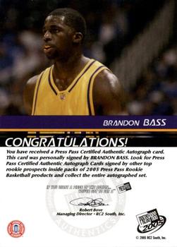 2005 Press Pass - Autographs Bronze School Logos #NNO Brandon Bass Back