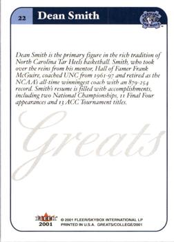 2001 Fleer Greats of the Game #22 Dean Smith Back