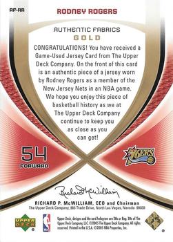 2005-06 SP Game Used - Authentic Fabrics Gold #AF-RR Rodney Rogers Back