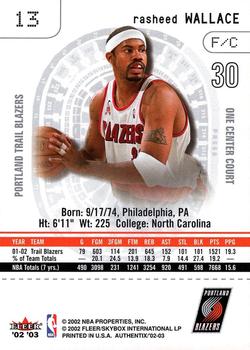 2002-03 Fleer Authentix #13 Rasheed Wallace Back