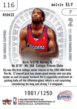 2002-03 Fleer Authentix #116 Melvin Ely Back