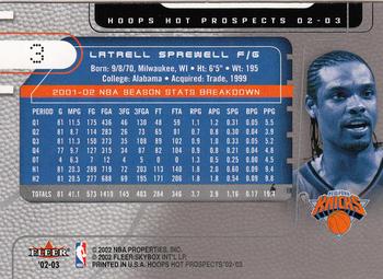 2002-03 Hoops Hot Prospects #3 Latrell Sprewell Back