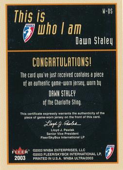 2003 Ultra WNBA - Who I Am Game Used #W-DS Dawn Staley Back