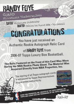 2006-07 Topps Luxury Box - Rookie Relics Autographs #RAR-RF Randy Foye Back