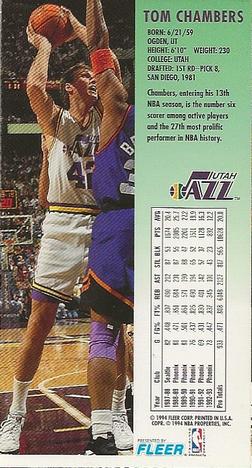 1993-94 Jam Session Utah Jazz Team Night Sheet SGA #NNO Tom Chambers Back